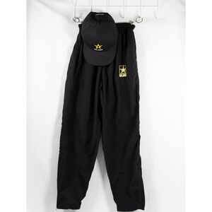 US Army Skilcraft Black Nylon Track Pants and Baseball Hat Set Mens Small